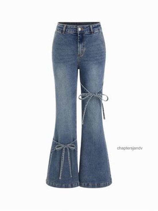 Denim - Women's Bow Wide Leg Jeans Flare Bell Bottom Denim Pants